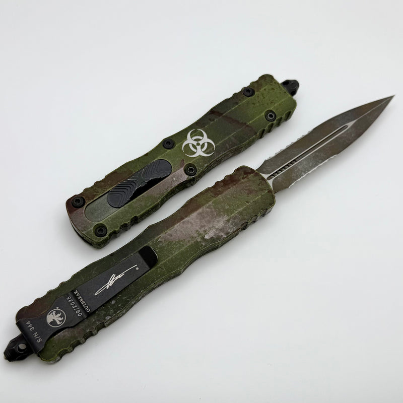 Microtech Dirac Delta D/E Part Serrated Outbreak Deep Engraved Signature Series 227-2OBDS