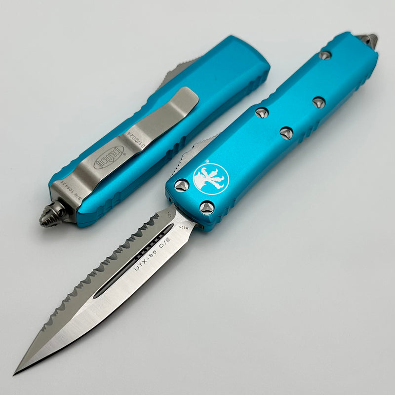 Microtech UTX-85 Double Edge Satin Full Serrated & Turquoise 232-6TQ
