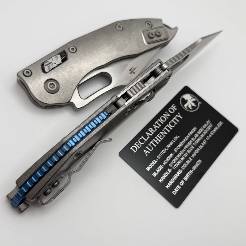 Microtech Marfione Select Manual Stitch RAM LOK Titanium Handles & Part Serrated Stonewash M390MK w/ Double Vapor Blast & Blue Accents 169RL-11MS2