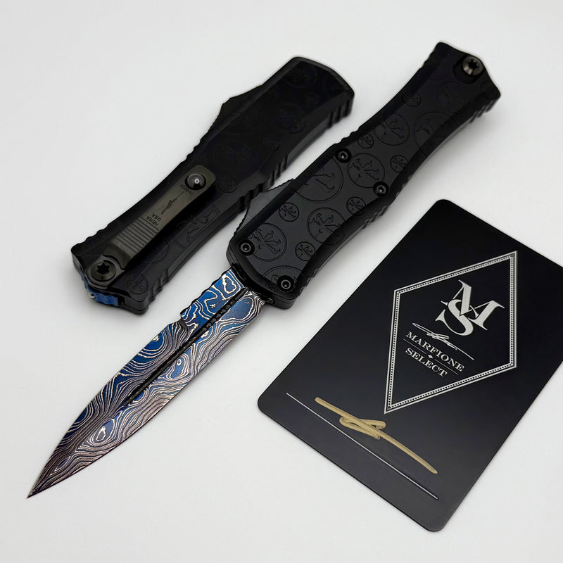 Microtech Knives Marfione Select Hera II Mini Blued Vegas Forge Damascus Bayonet w/ Black Claw Burst Deep Engraved Handle Signature Series 1701M-16MS2 Pattern Style 2