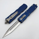 Microtech Dirac Delta D/E Full Serrated Stonewash w/ Navy Blue Handles 227-12NA