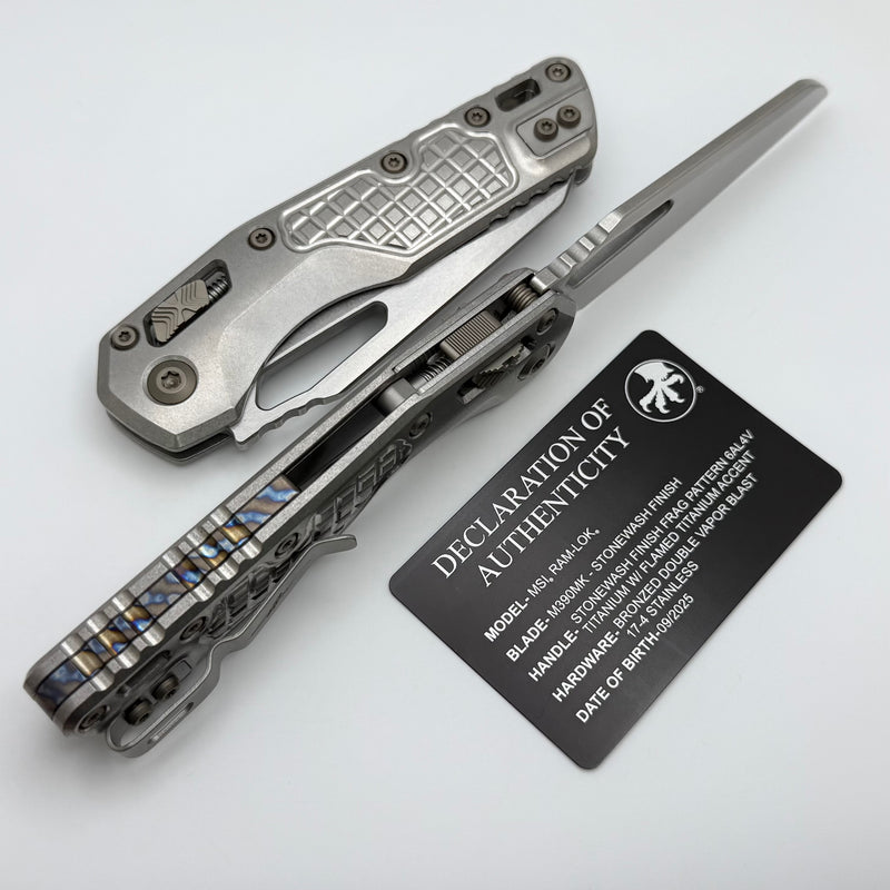 Microtech Marfione Select MSI RAM LOK Titanium Frag Handles w/ Double Vapor Blast & Flamed Accents & Stonewash M390MK 210-10FRMS4