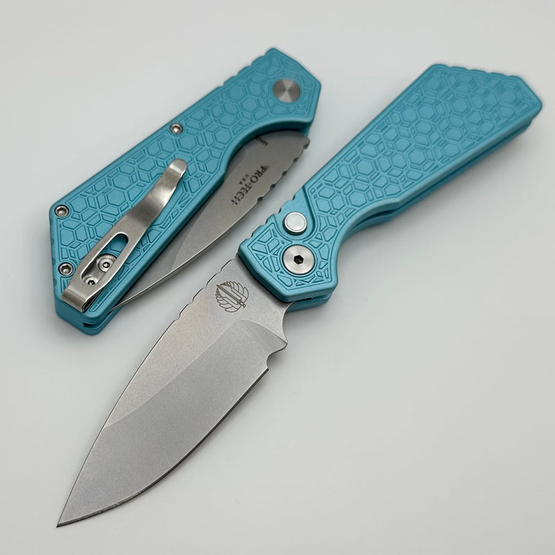 Pro-Tech PT Plus Tiffany Blue Gridlock Aluminum Handle w/ Satin Hardware & Pearl Button w/ Stonewash MagnaCut Blade PT205-Gridlock LTD T.Blue