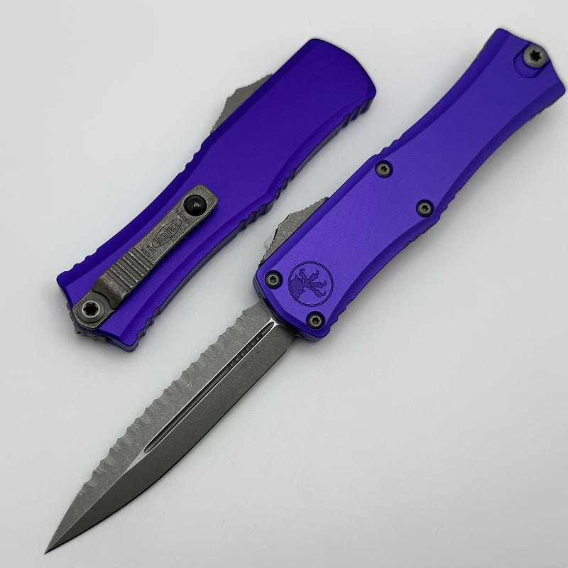 Microtech Knives Mini Hera Apocalyptic Full Serrated D/E M390MK w/ Purple Handle 1702M-12APPU