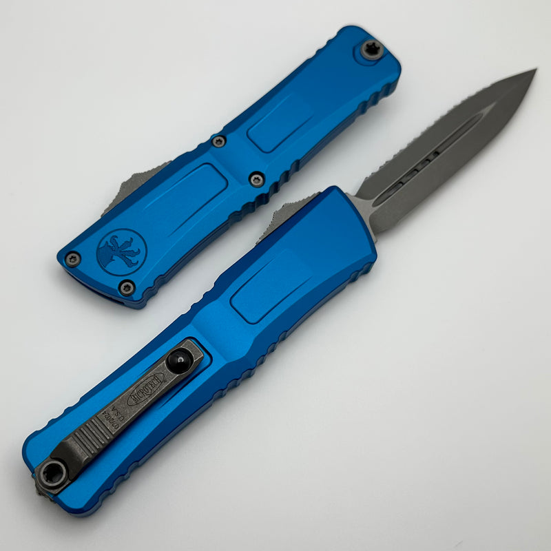 Microtech Knives Combat Troodon Gen III Apocalyptic Full Serrated D/E w/ Blue Handle 1142-12APBL