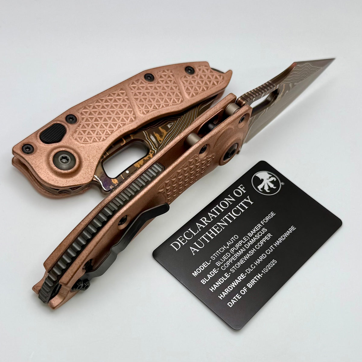 Microtech Marfione Select Borka Auto Stitch Copper Handles & Blued Bak