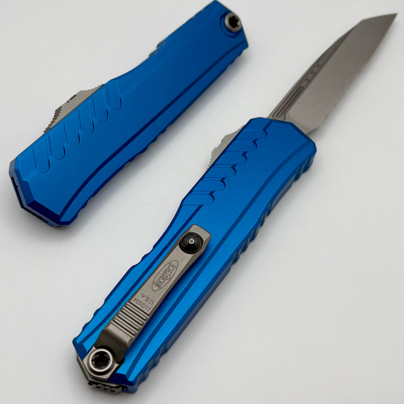 Microtech Cypher II S/E Partial Serrated Stonewash w/ Blue Handle 1241-11BL