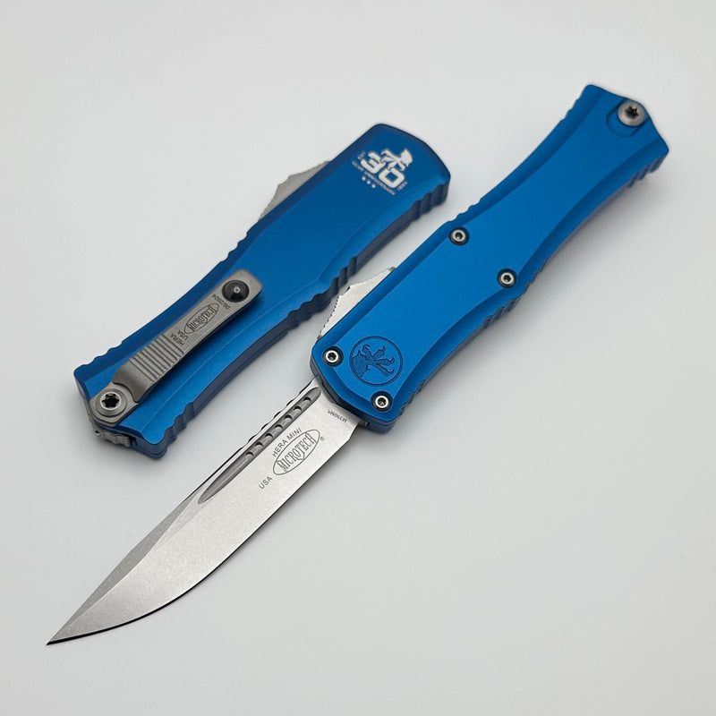 Microtech Knives Mini Hera 30th Anniversary Stonewash S/E M390MK w/ Blue Handle 1703M-10BL30