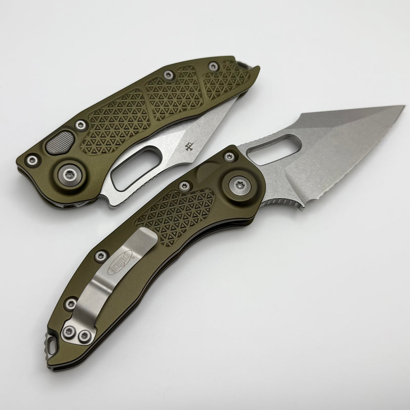 Microtech Borka Stitch Auto w/ OD Green Handles & Full Serrated Stonewash 169-12OD