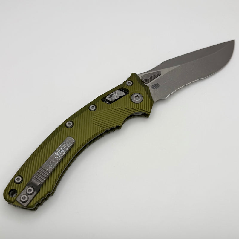 Grenade Blem Microtech Amphibian RAM LOK OD Green Fluted Aluminum & Partial Serrated Apocalyptic M390MK 137RL-11APFLOD
