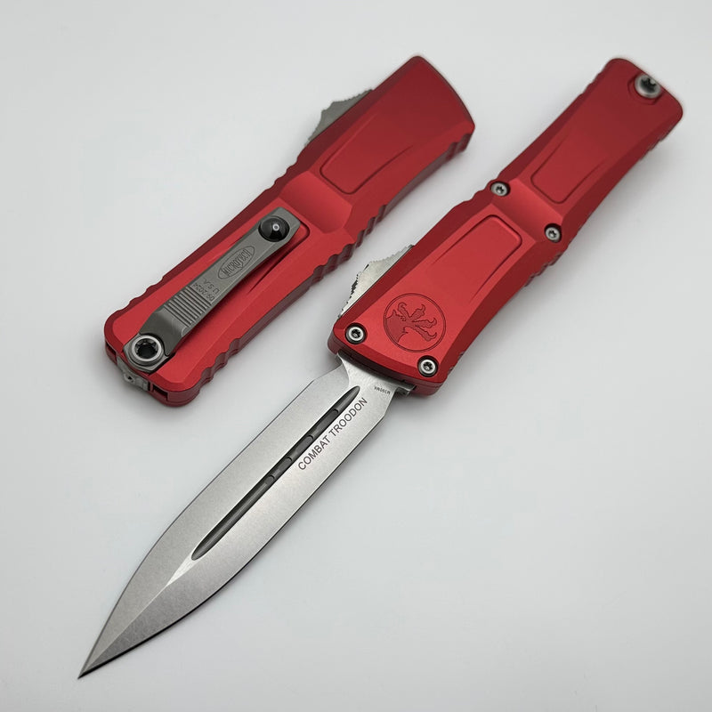 Microtech Knives Combat Troodon Gen III Stonewash Double Edge w/ Red Handle 1142-10RD