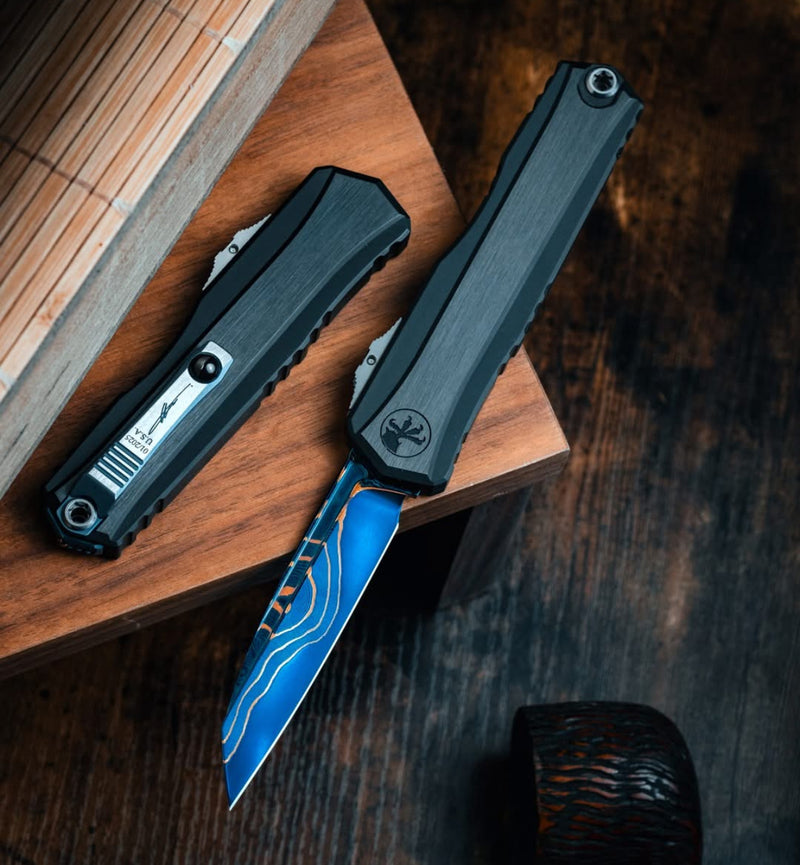 Microtech Marfione Select Cypher II Black w/ Tritium Inlaid Button & S/E Blued Baker Forge Copper-Mai 1241-16MS1