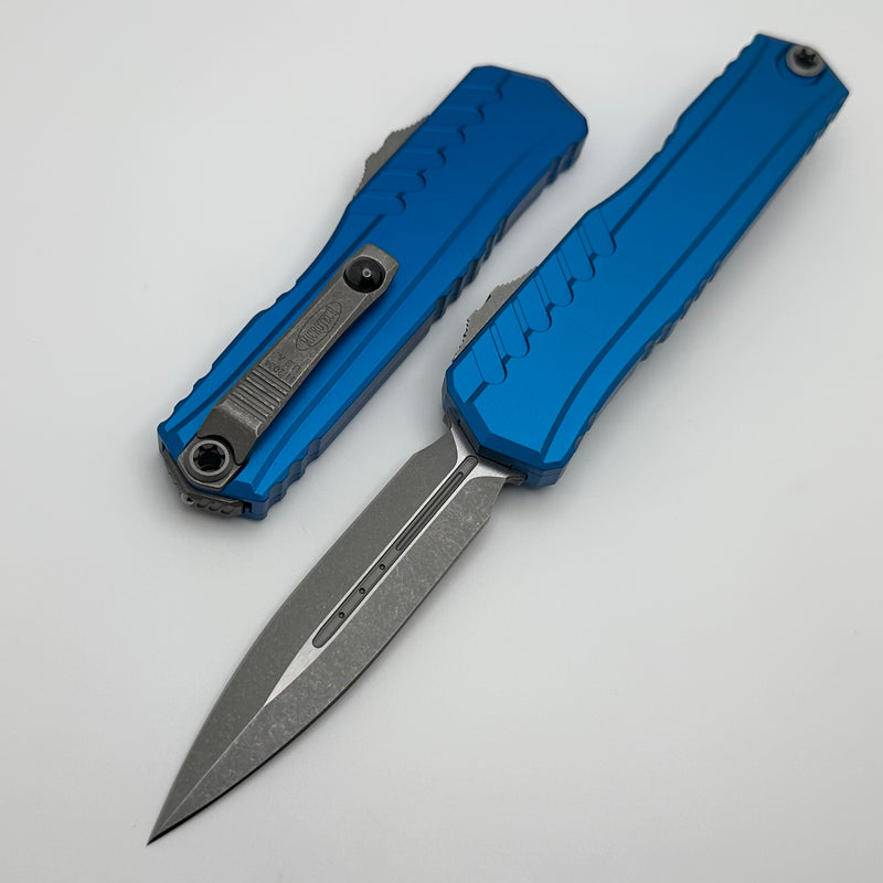 Microtech Cypher II D/E Apocalyptic w/ Blue Handle 1242-10APBL