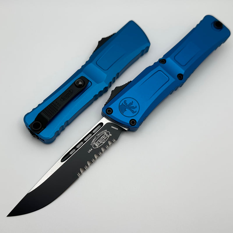 Microtech Knives Combat Troodon Gen III Black Partial Serrated S/E w/ Blue Handle 1143-2BL