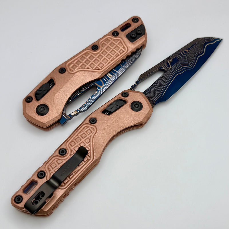 Microtech Marfione Select MSI RAM LOK Copper Frag Handles w/ Blue Accents & Blued Baker Forge Coppermai Damascus 210-16FRMS2