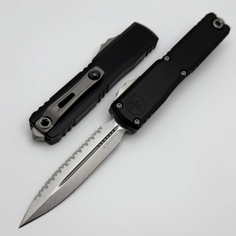 Microtech Ultratech ZBP D/E Stonewash Full Serrated w/ Black Handle 1122-12