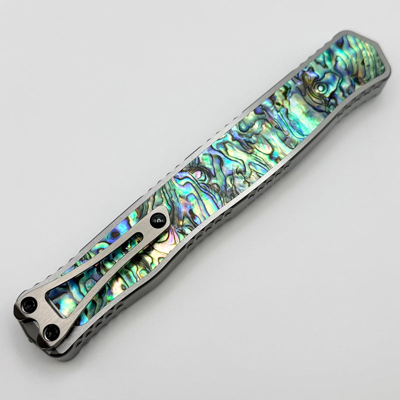 Heretic Knives Custom Cleric II 2 Stainless Steel Handle w/ Abalone Inlays & Hand Ground Mirror Elmax Tanto Blade