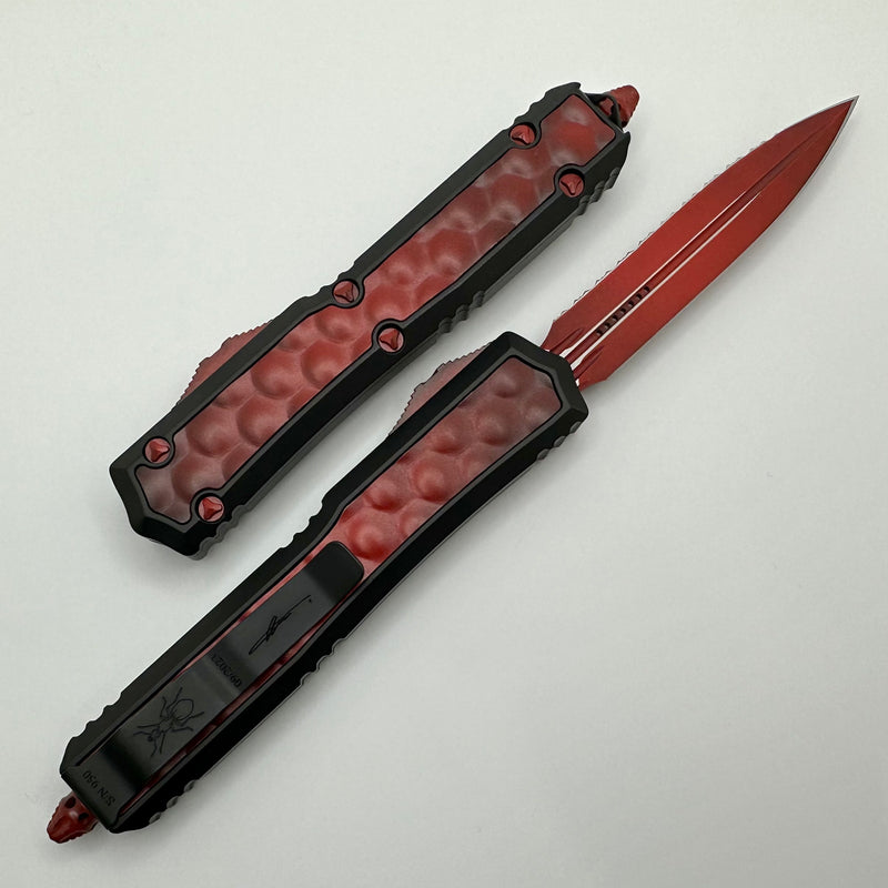 Microtech Makora Weathered Red Full Serrated Double Edge w/ Weathered Red Bubble Inlays & DLC Deep Engraving w/ Nickel Boron Internals Signature Series 206-3BIWRDS