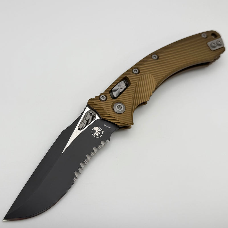 Grenade Blem Microtech Amphibian RAM LOK Tan Fluted Aluminum & Black Partial Serrated M390MK 137RL-2FLTA
