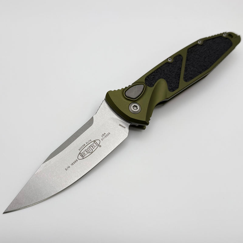 Microtech Socom Elite Auto OD Green Handles w/ S/E Stonewash 160A-10OD