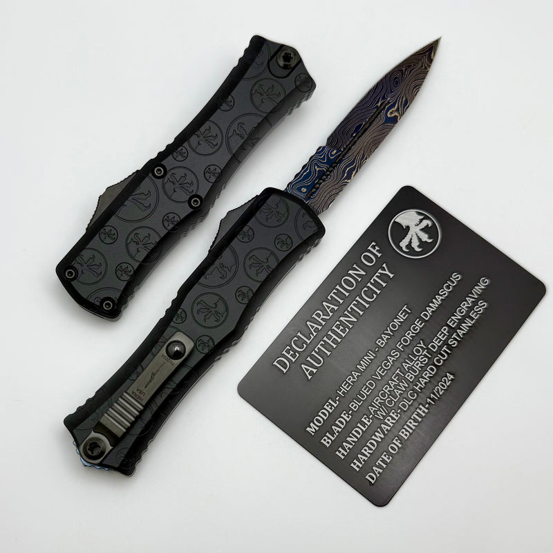Microtech Knives Marfione Select Hera II Mini Blued Vegas Forge Damascus Bayonet w/ Black Claw Burst Deep Engraved Handle Signature Series 1701M-16MS2 Pattern Style 2