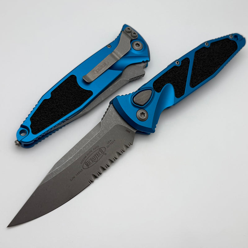 Microtech Socom Elite Auto Blue Handles w/ S/E Apocalyptic Part Serrated 160A-11APBL