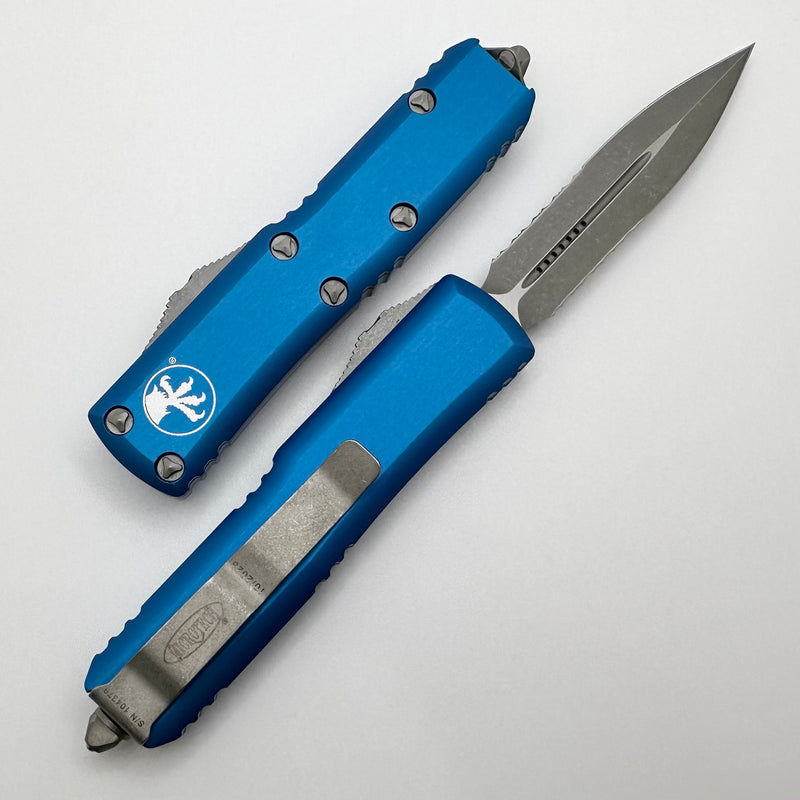 Microtech UTX-85 Double Edge Apocalyptic Partial Serrated & Blue 232-11APBL