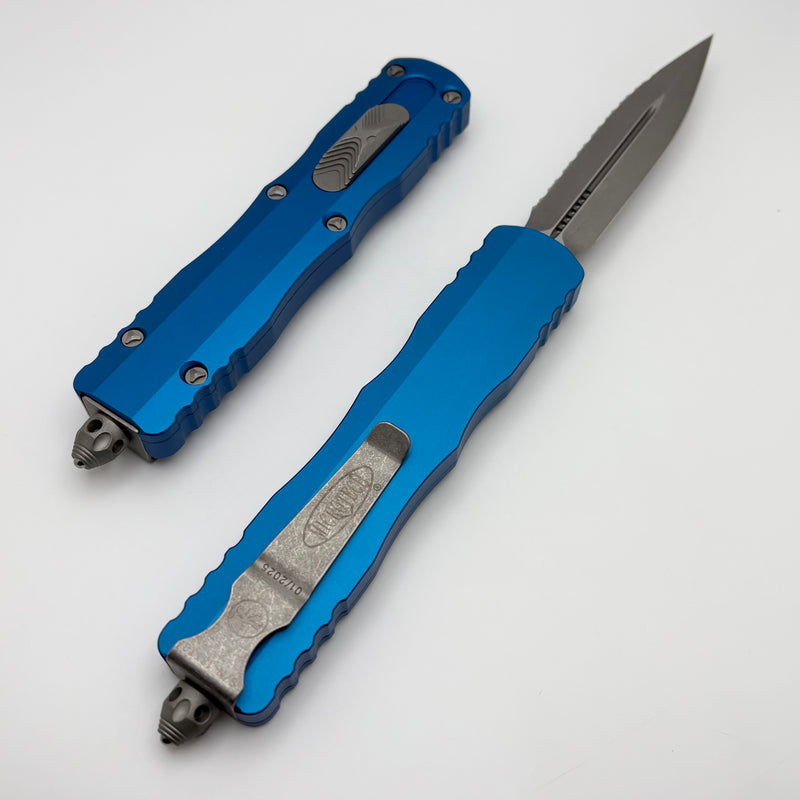 Microtech Dirac Delta D/E Apocalyptic Full Serrated w/ Blue Handles 227-12APBL