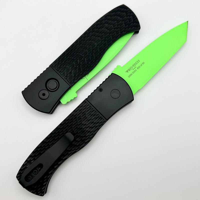 Pro-Tech CQC7 USN GXIV Black Jigged Handle & Cerakote Green Chisel Tanto Blade