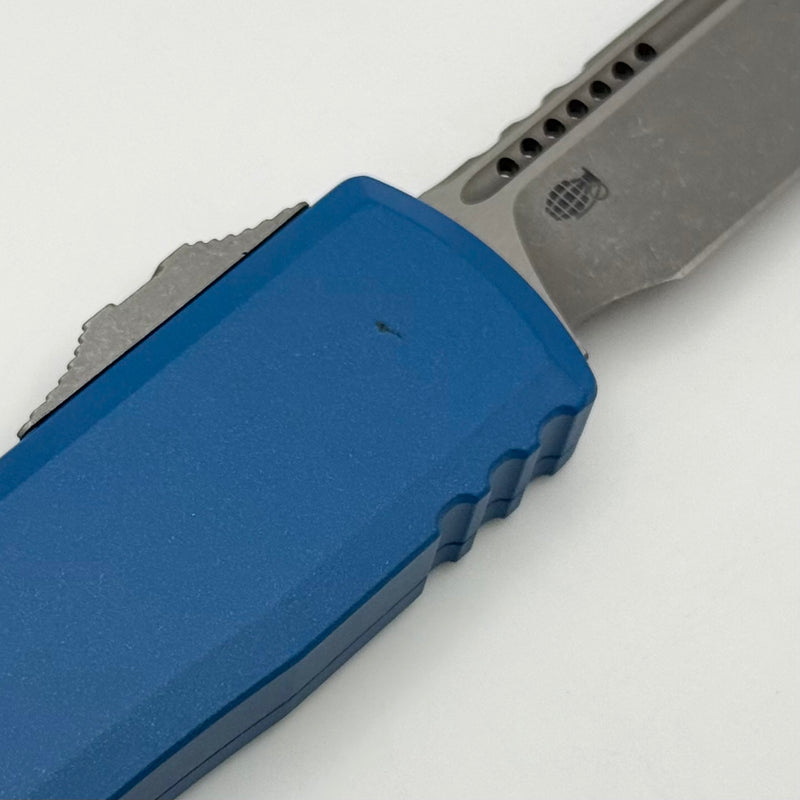 Grenade Blem Microtech Ultratech ZBP S/E Apocalyptic M390MK w/ Blue Cerakote Handle 1121-10APBL
