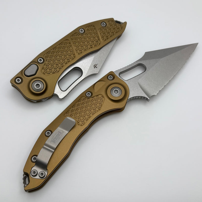 Microtech Borka Stitch Auto w/ Tan Handles & Full Serrated Stonewash 169-12TA