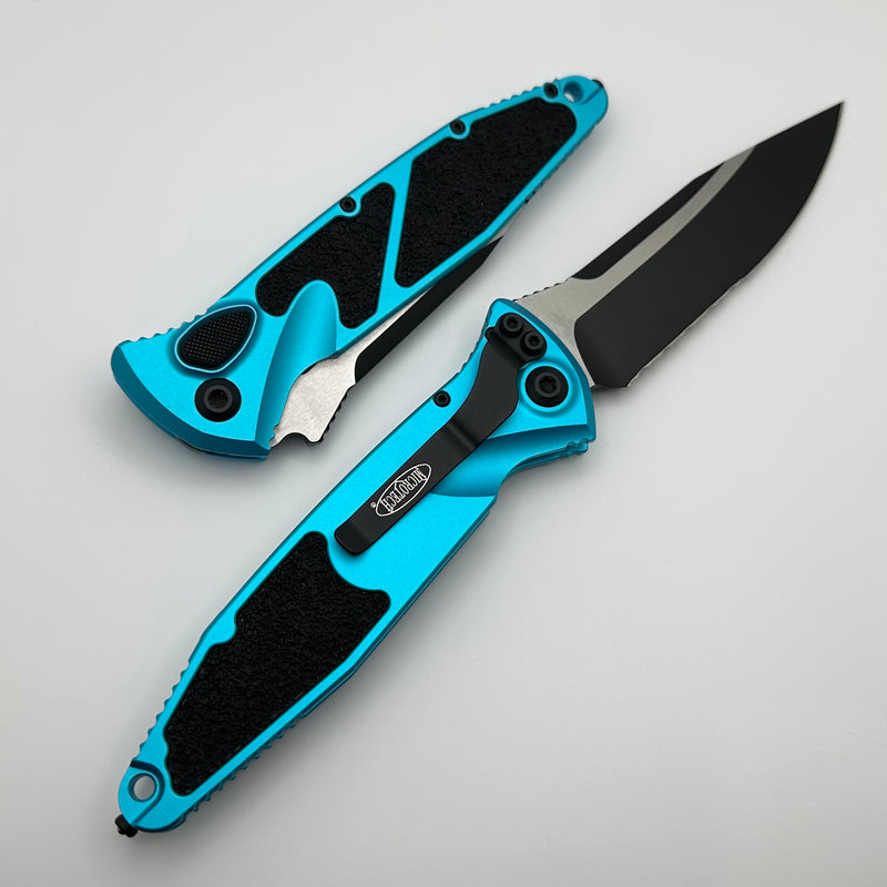 Microtech Socom Elite Auto Turquoise Handles w/ S/E Black Partial Serrated 160A-2TQ