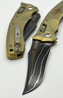 Marfione Custom Knives Amphibian RAM-LOK Metroid Sanmai w/ Nickel Shim Broken Anvil Damascus & Sovereign Gold Stippled Titanium w/ Joint Logo Dagger Engraved & Two Tone Bronzed Hardware