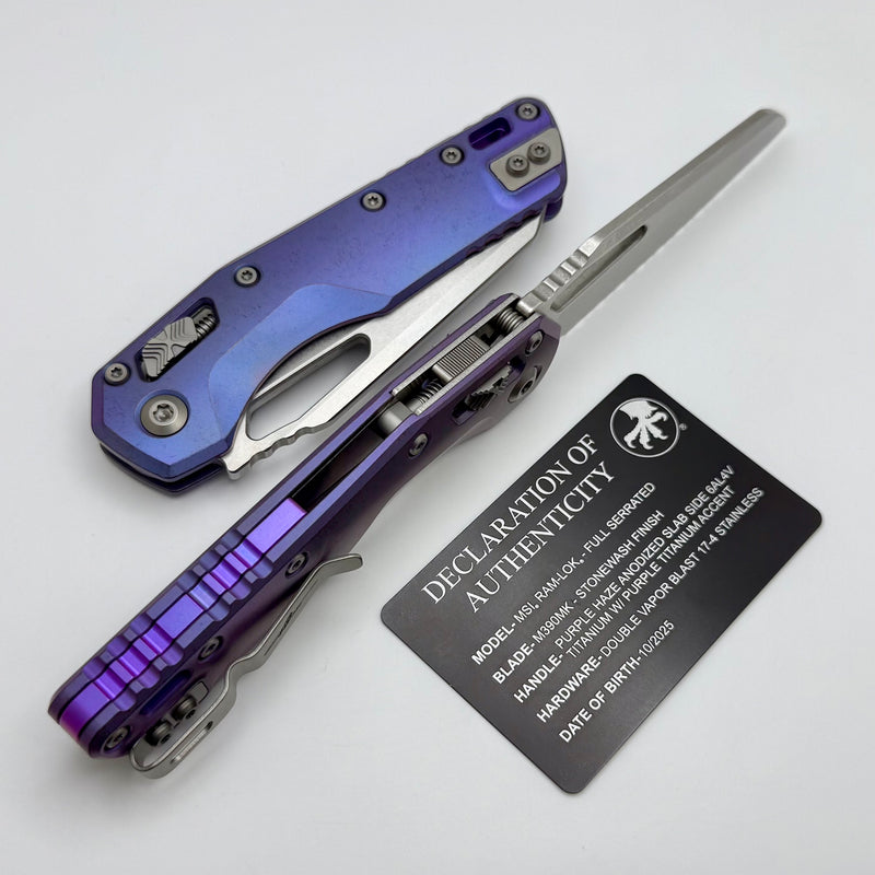 Microtech Marfione Select MSI RAM LOK Purple Haze Titanium Handles w/ Double Vapor Blast & Purple Accents & Full Serrated Stonewash M390MK 210-12MS5