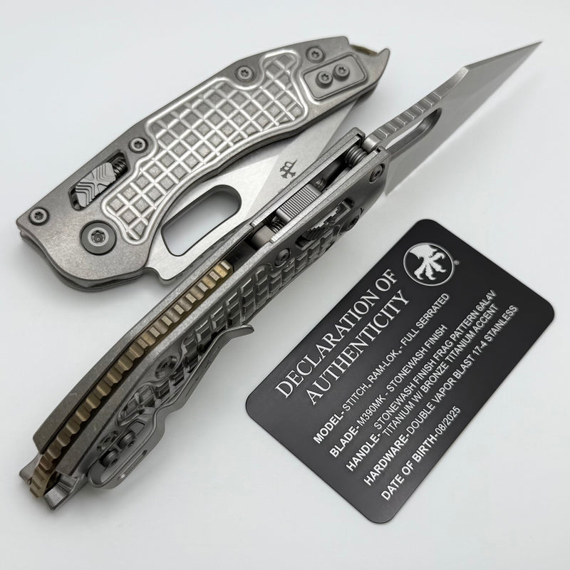 Microtech Marfione Select Manual Stitch RAM LOK Titanium Frag Handles & Full Serrated Stonewash M390MK w/ Double Vapor Blast & Bronze Accents 169RL-12FRMS1