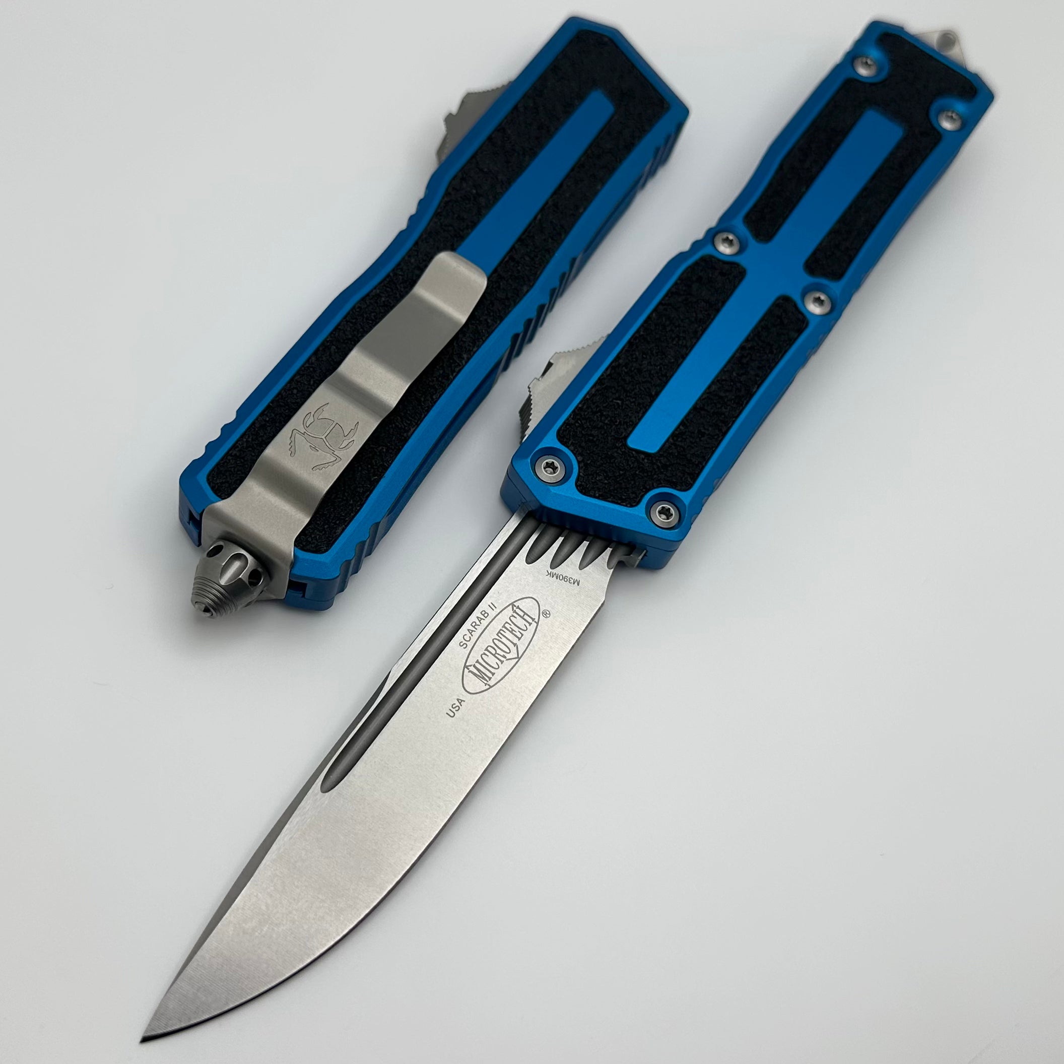 Microtech Scarab 2 Gen 3 Blue Handles w/ S/E Spine Fluted Stonewash M3