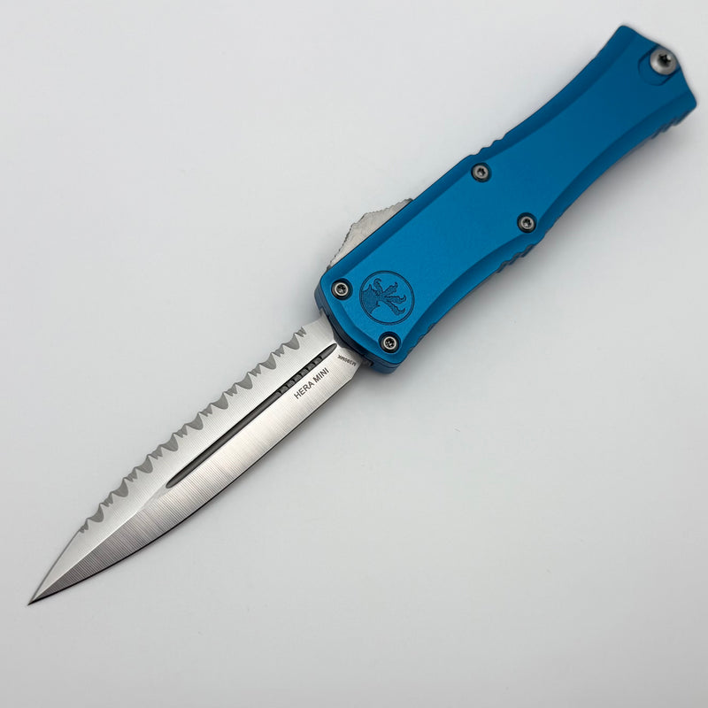 Microtech Knives Mini Hera Satin D/E Full Serrated M390MK w/ Blue Handle 1702M-6BL