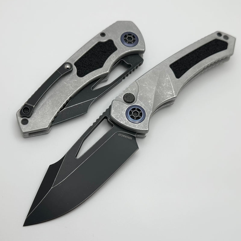 Heretic Knives Pariah M/A Button Lock Blizzard Worn Aluminum Handles w/ Battle Black MagnaCut H046-8A-BLZ