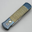 Pro-Tech Godson Light Blue Ti Bolsters & Chartreuse Jigged Ti w/ Pearl Button & Satin Blade 2025 Godson Custom 001