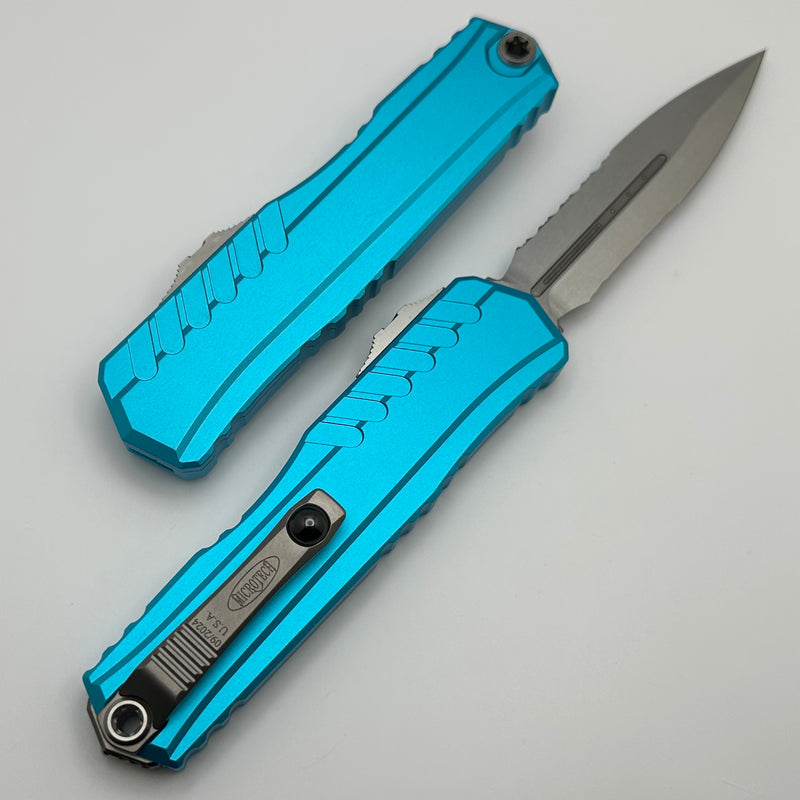 Microtech Cypher II D/E Stonewash Partial Serrated w/ Turquoise Handle 1242-11TQ