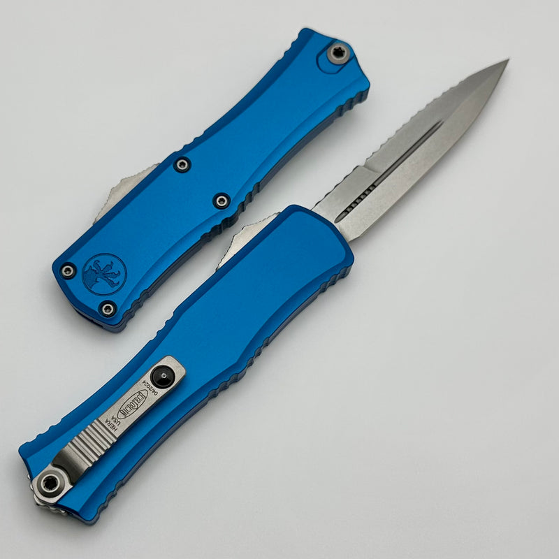 Microtech Knives Mini Hera Full Serrated Stonewash Bayonet M390MK w/ Blue Handle 1701M-12BL