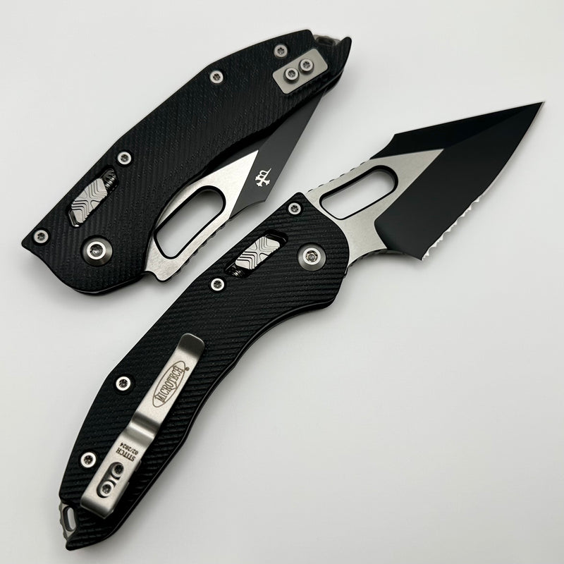 Microtech Knives Manual Stitch RAM LOK Fluted Black G-10 & Partial Serrated Two Tone Black M390MK 169RL-2FLGTBK
