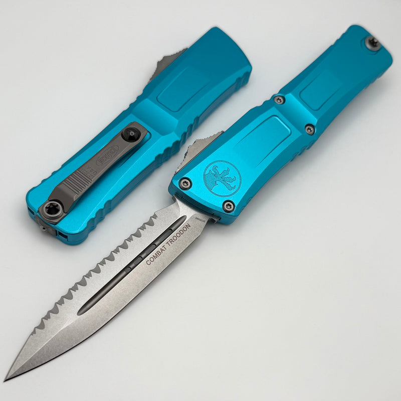 Microtech Knives Combat Troodon Gen III Stonewash Full Serrated Double Edge w/ Turquoise Handle 1142-12TQ