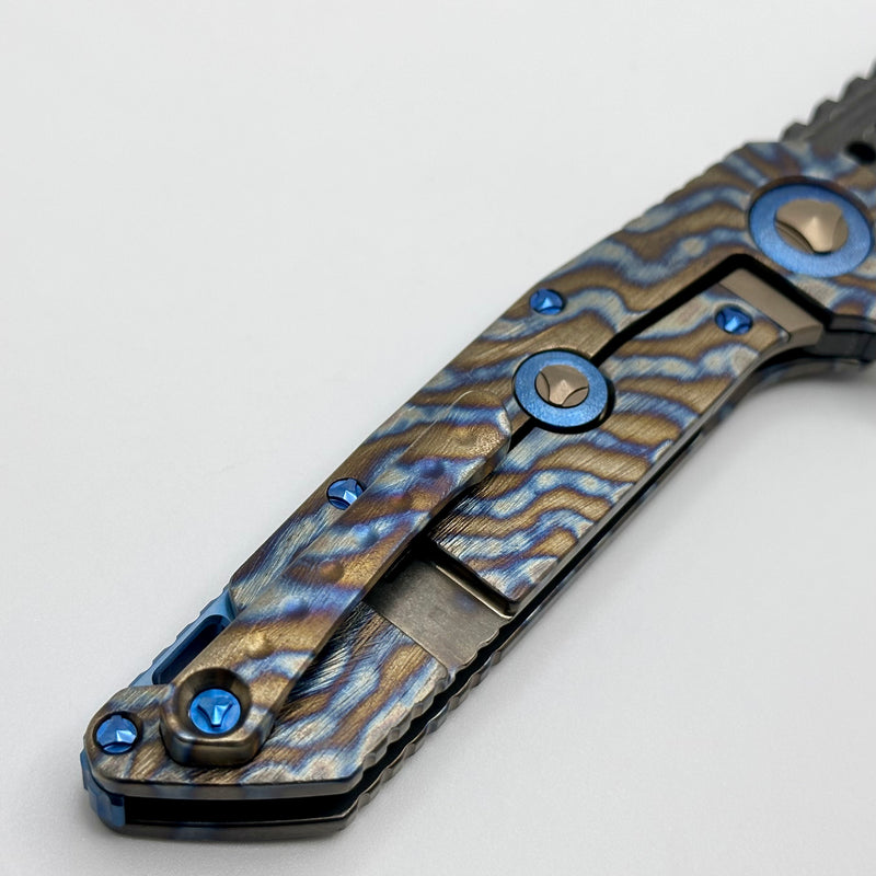 Marfione Custom Knives Warhound Flamed Barked Titanium w/ Blue Ti Hardware & Vegas Forge Stainless Reptilian Damascus Pattern