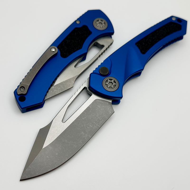 Heretic Knives Pariah M/A Button Lock Blue Aluminum Handles w/ Battleworn MagnaCut H046-5A-BLU