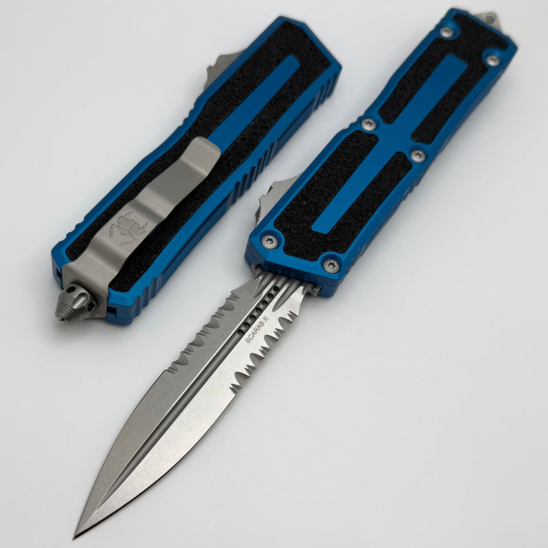 Microtech Scarab 2 Gen 3 D/E Stonewash Partial Serrated w/ Blue Handle 1280-11BL