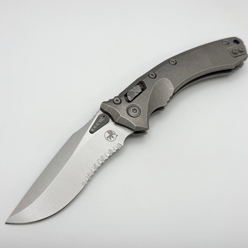 Microtech Marfione Select Amphibian RAM LOK Titanium Handles & Partial Serrated Stonewash M390MK w/ Double Vapor Blast & Purple Accents 137RL-11MS3