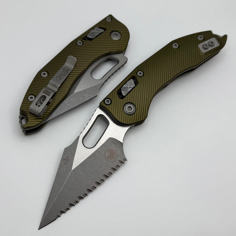 Microtech Knives Manual Stitch RAM LOK Fluted OD Green Aluminum & Apocalyptic Full Serrated M390MK 169RL-12APFLOD