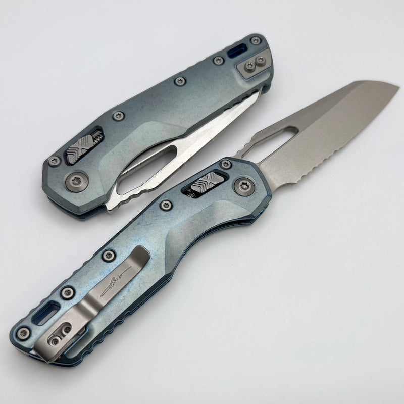 Microtech Marfione Select MSI RAM LOK Ice Blue Titanium Handles w/ Double Vapor Blast & Blue Accents & Part Serrated Stonewash M390MK 210-11MS6