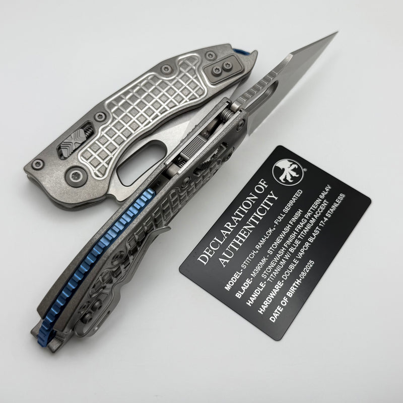 Microtech Marfione Select Manual Stitch RAM LOK Titanium Frag Handles & Full Serrated Stonewash M390MK w/ Double Vapor Blast & Blue Accents 169RL-12FRMS2